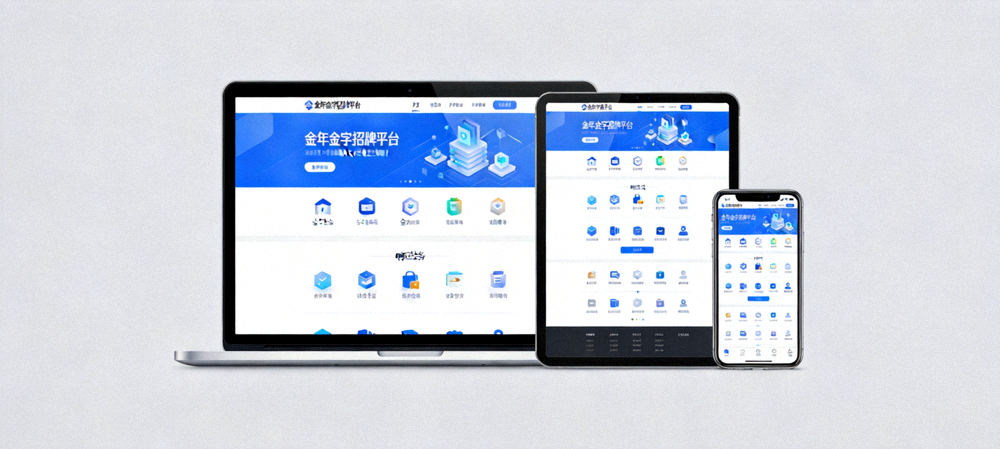 金年金字招牌平台在笔记本电脑、平板电脑和智能手机上同时显示的响应式设计效果图